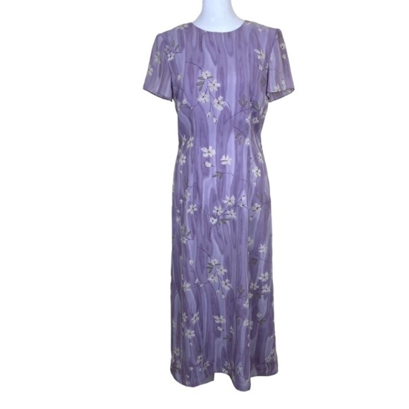 Vintage 90s Casual Corner Lavender Maxi Dress with Tie Blossom Print Modest Sz 6 - Picture 1 of 15